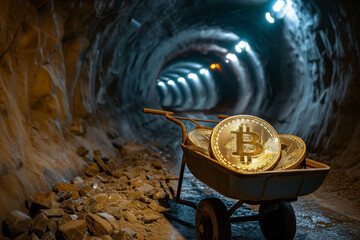Bitcoin mining in the mine: a cart with coins