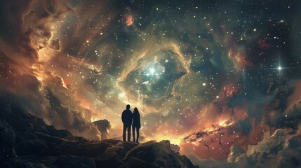 Two lovers look up at the starry sky - obrazy, fototapety, plakaty