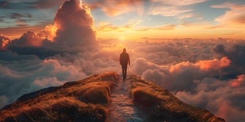 Lone Man at Sunset on Mountain Peak in Ethereal Cloudscape - obrazy, fototapety, plakaty