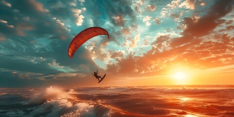 Kitesurfer Glides Through Stormy Sea at Sunset - obrazy, fototapety, plakaty