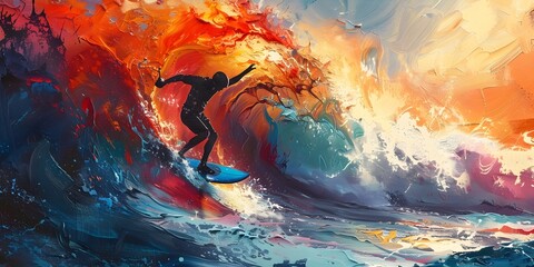 Vibrant Palette Knife Surfer Art Surfer Riding a Huge Ocean Wave