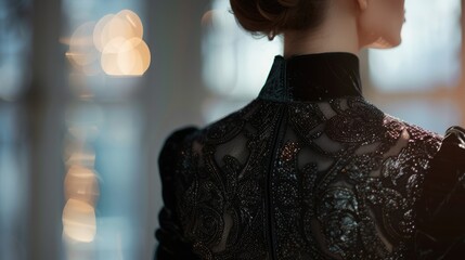 An elegantly dressed woman from behind neckline black dress - obrazy, fototapety, plakaty