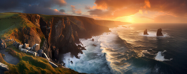 Sunset bathes rugged cliffs and turbulent seas in golden light. - obrazy, fototapety, plakaty