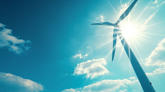Close up of wind turbine on blue sky background with shinink sun