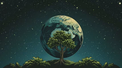 Fototapete Vollmond und Bäume Tree plant with earth planet vector illustration design