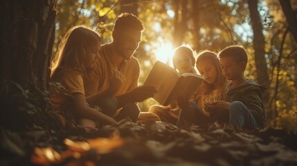 Family reads from the Bible in nature