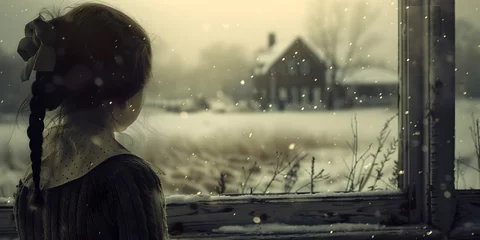 Cercles muraux Kaki A Girl Looking Out at a Winter Scene in the Style of Landscapes