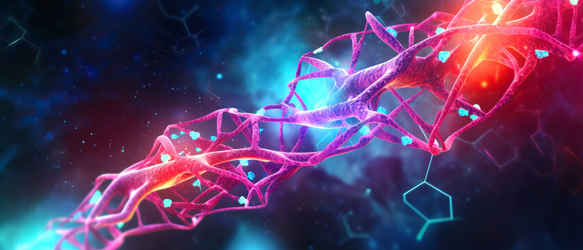 An electric blue art piece depicting an interconnected group of neurons in space