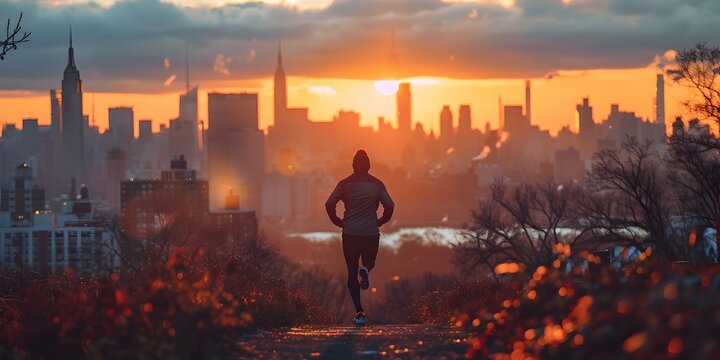 Man Running against a Backdrop of City Map at Dawn