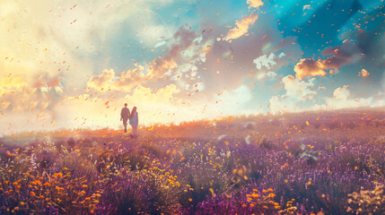 Obraz na płótnie Canvas Wild flowers lavender field on horizon romantic young