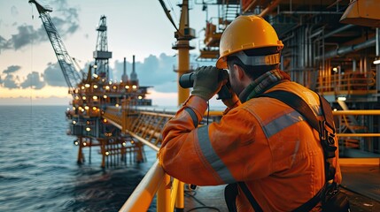 a worker using binoculars to scan the horizon from an oil platform, subtly highlighting the vast expanse of the sea and the industrious nature of offshore operations.