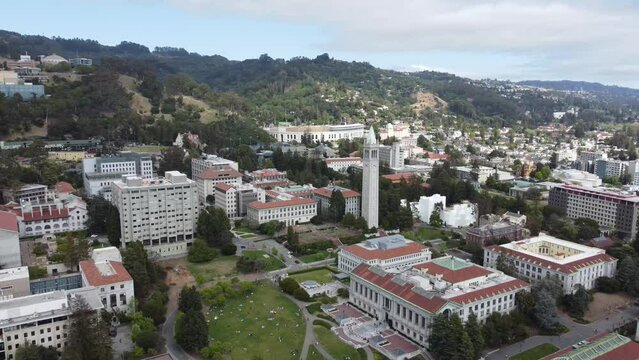 Aerial video of the UC Berkeley campus and Sather Tower. in the USA.