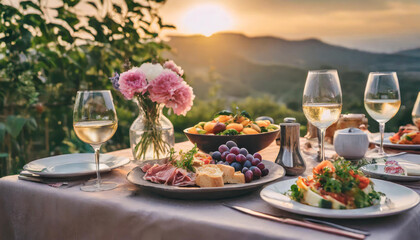 table with food; romatic dinner table; sunset dinner