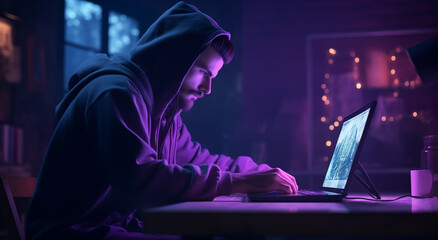 Portrait of man, professional programmer, web hacker breaking security system, downloading information isolated over dark green background in neon. Concept of business, IT, technology, innovation