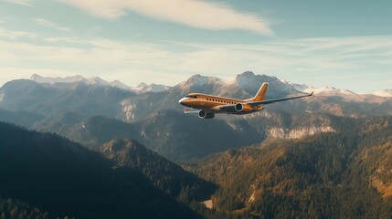 Fototapeta na wymiar Modern jet Airplane flying in Alps. A passenger plane flies near mountains, forests, rocks, snow, sky.