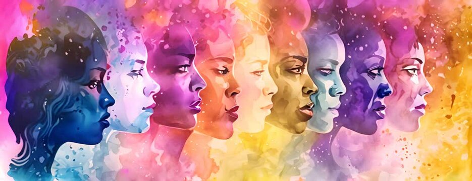 Abstract colorful art watercolor painting depicts International Women's Day, 8 March of different cultures and ethnicities together. concept of gender equality and the female 4K Video