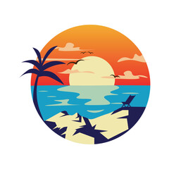 Fototapeta na wymiar Tropical summer island logotype design. Palm tree logo or summer logo design vector illustration for t-shirt, logo, icon, web, banner.