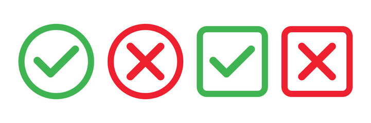 Checkmark x mark icon. Green checkmark and red x sign. Correct error vector symbol isolated on white background. Vote checkmark in circle and square box.