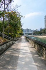 straight sidewalk  straight riverside green tree  bridge cross river
apartment building background