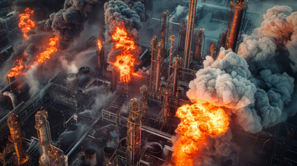 Aerial view of demolished burning chemical plant