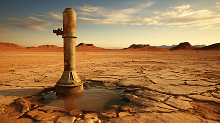A lonely water tap in the desert. - obrazy, fototapety, plakaty