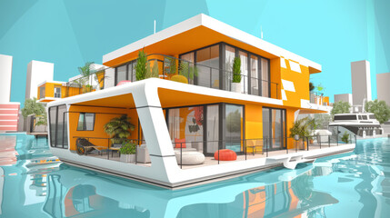 Modern houseboat near the city, the concept of a house on the water, freedom of movement, luxurious life