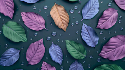 Creative nature backdrop made of colorful wet leaves. Flat lay background.