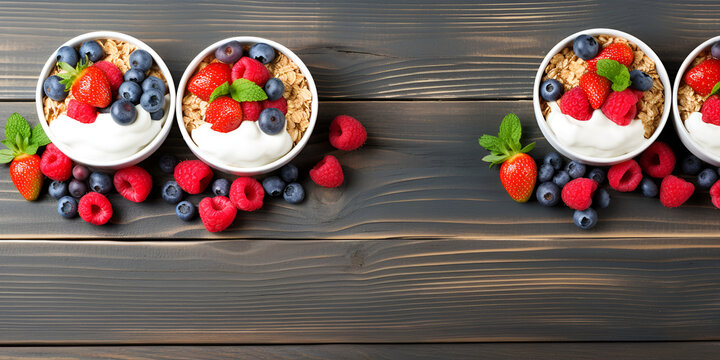 Healthy food fresh wild berries copper nuts oatmeal dried fruits and seeds on a wooden background top view free space for text
