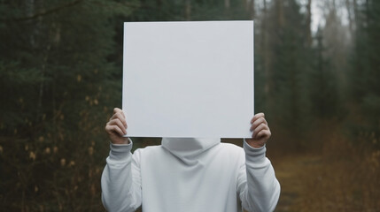 A man with a white sheet of paper covers his face