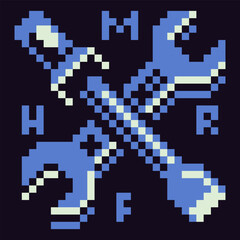 Wrench and screwdriver pixel art flat style. Web site design. 8-bit. Game assets. Isolated abstract vector illustration. Design for web, logo, sticker, mobile app. Old school computer graphic style.