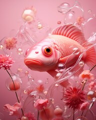 greeting pink fish in the aquarium close up