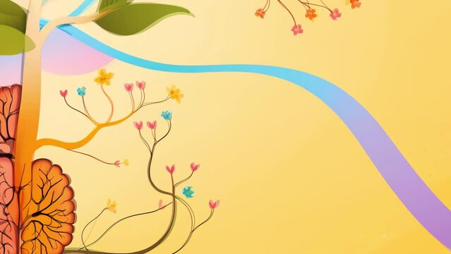 An illustrative animation of a tree with flowers made out of a human brain, mental health awareness concept, creative freedom, positive mind, mindset, mindfulness, healthy spirit, nature connection