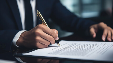 signing an agreement, a man in a business suit writes with a pen on paper, hands, office, table, contract, documents, signature, work, finance, taxes, accounting - obrazy, fototapety, plakaty