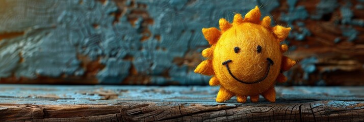 Figure Smiling Sun On Wooden Surface, Background Banner