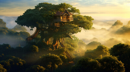 A tree house a landscape in the rays of the sun