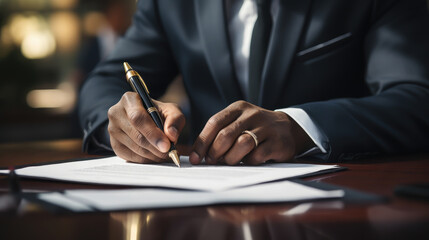 signing an agreement, a man in a business suit writes with a pen on paper, hands, office, table, contract, documents, signature, work, finance, taxes, accounting - obrazy, fototapety, plakaty