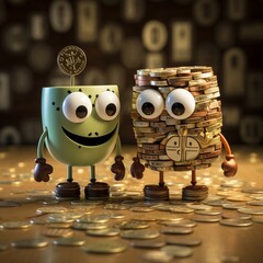 Cute cash and coin characters diverse denominations concept of currency - obrazy, fototapety, plakaty