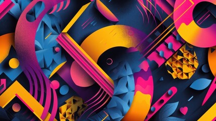 Digital illustration of abstract shapes in pink, yellow and dark cyan colors banner
