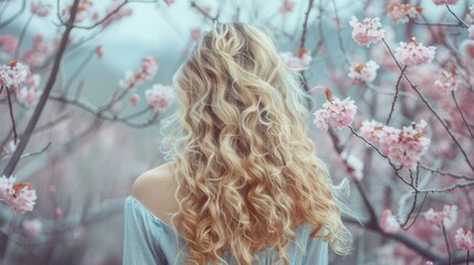 Naklejka premium A woman seen from behind surrounded by blooming cherry blossoms Create a tranquil and beautiful scene