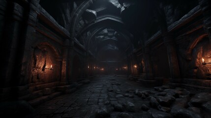 Scary endless medieval catacombs with torches. Mystical nightmare concept. 3D Rendering.
