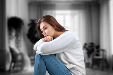 Emotional feeling woman sit at home