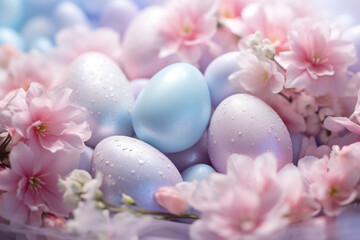 Fototapeta na wymiar Beautiful composition in pastel colors made of decorative easter eggs with pink flowers. Holiday concept background.