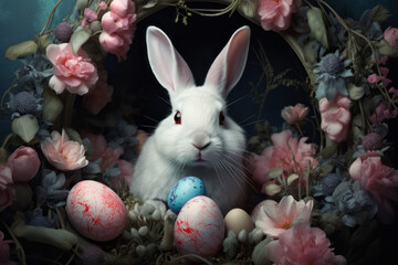 Easter concept background with white bunny and eggs