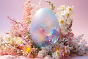 Decorative glass egg with flowers. Abstract easter composition. Pastel colors