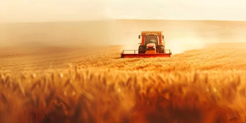 Deurstickers Agriculture machinery cutting the ripe wheat at sunset generative ai,Combine harvester harvests ripe wheat. ripe ears of gold field on the sunset cloudy orange sky background. . concept of a rich harv © Jouni