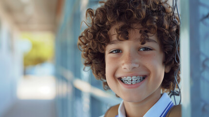 A curly-haired boy with braces beams with confidence, ready to take on the day's school adventures.