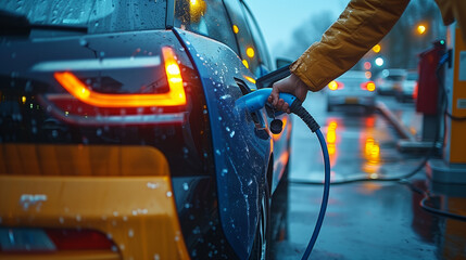 A man connects a cable to charge an electric car at an electric gas station. Eco-friendly alternative energy concept. - obrazy, fototapety, plakaty