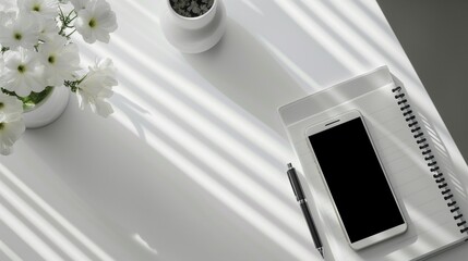 mobile phone White notebook, pen, flower vase on white table, top view, light from window Free space on the left generate ai