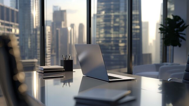 The laptop is on the table. Inside the office with glass overlooking the city generate ai