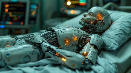 Fototapeta premium The robot lies on a medical bed and waits for help. The concept of modern medicine.